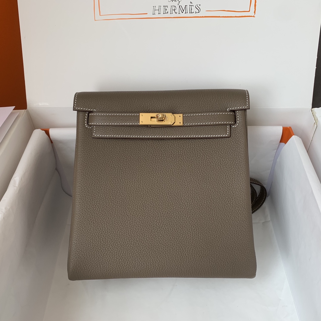 Hermes Kelly Ado Backpack In Gris Elephart Clemence Leather